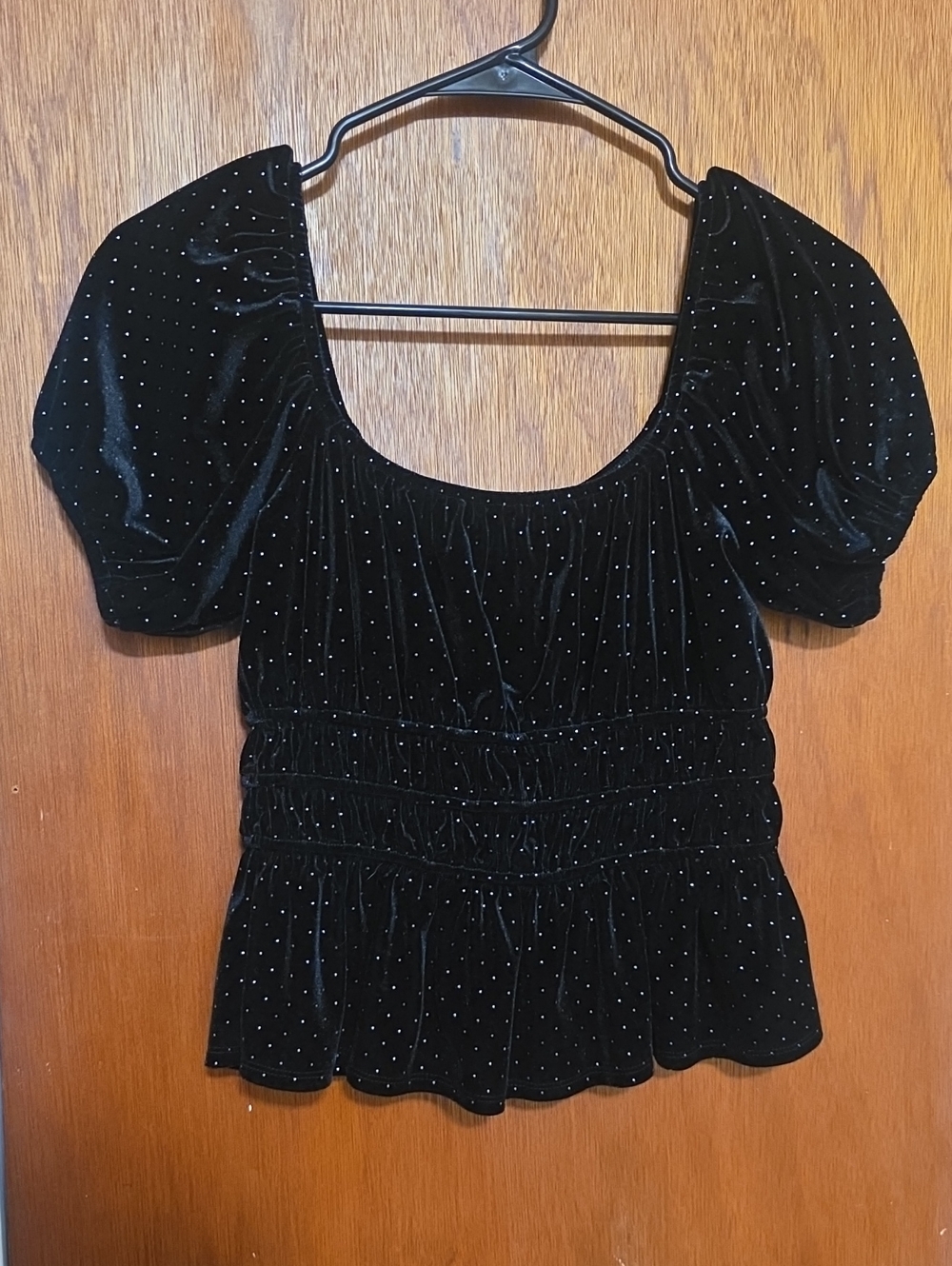 Black Velvet Puff Sleeve Peplum Top with Sparkle Dots